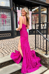 New Long Formal Dress V-neck Fuchsia Lace Mermaid Prom Gown with Slit - MyChicDress